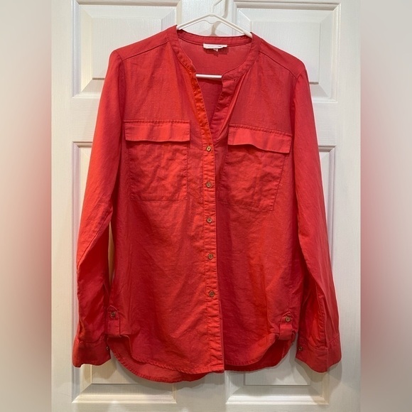 Women's Linen Cotton Blend Pink Button Up Blouse Classic Roll Tab Sleeve Size M - Picture 1 of 10